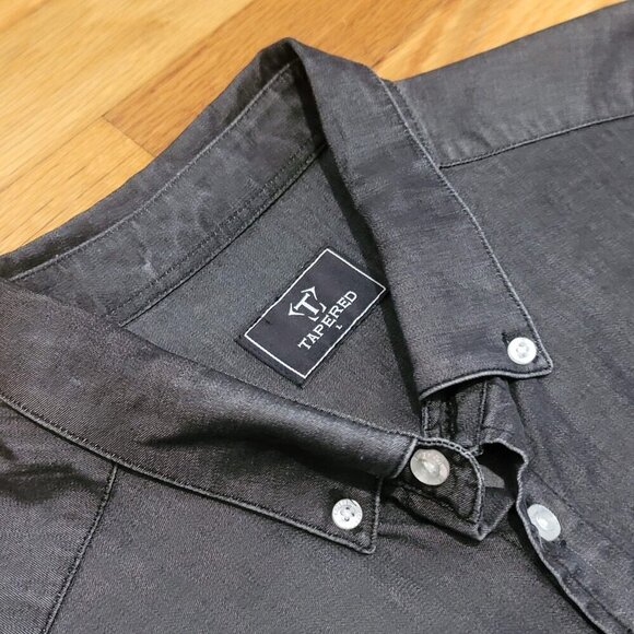 Black Denim Tapered Fit Shirt Large Men's Button Down Longsleeve Stretch Cotton - Picture 4 of 5